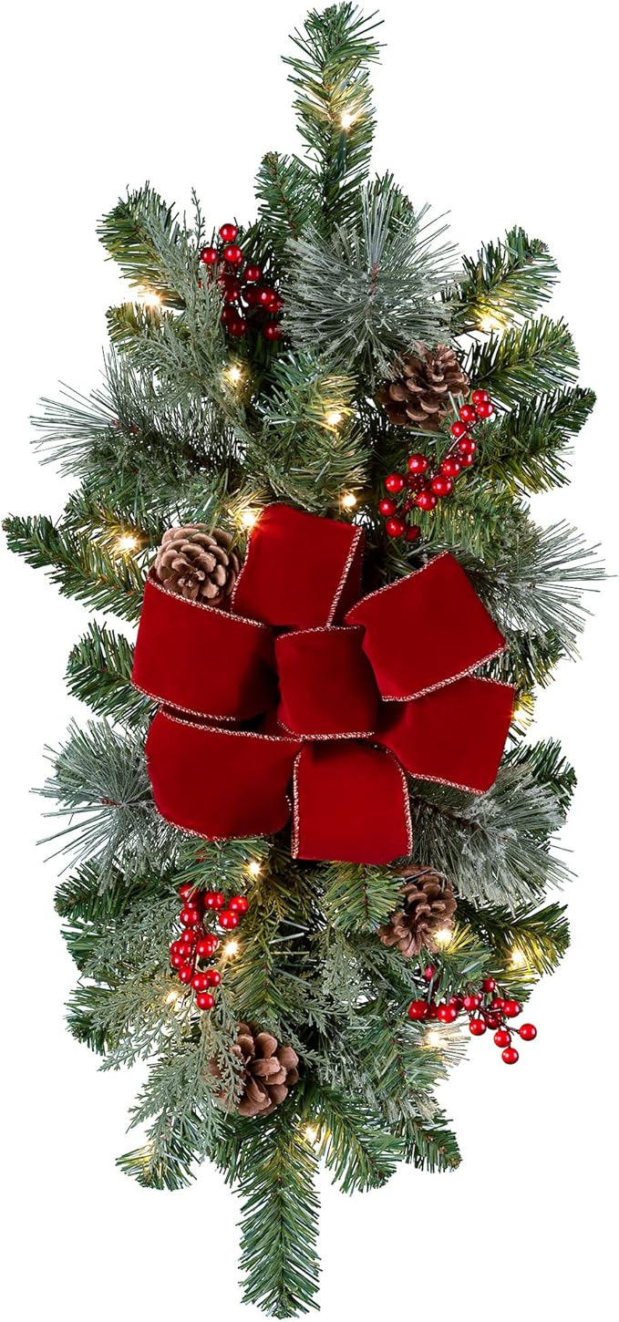 Haute Decor Classic Pre-lit 26 inch PE/PVC Artificial Fir Christmas Swag (Staircase), 20 Soft White LED, Indoor/Outdoor