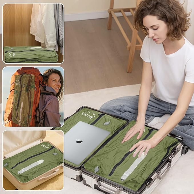 ONTYZZ Vacuum Bags for Travel, Reusable Vacuum Compression Bag, Recycled IPX8 Waterproof Space Saver Bag for Luggage/Camping/Home Storage (2 Pack with Air Pump-Green)