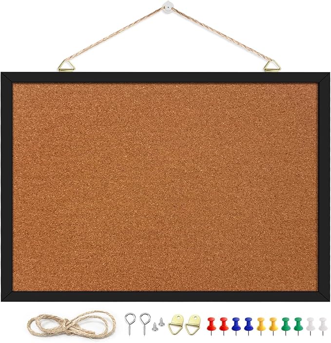 11" x 14.6" Cork Board Bulletin Board, Black Framed Corkboard, Oak Frame, Decorative Hanging Pin Board, Perfect for Office & Home Decor, Home School Message Board or Vision Board