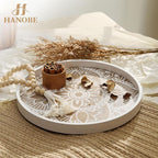 Hanobe Decorative Serving Tray Round: 2Pcs Farmhouse Coffee Table Decor with White Boho Bead Garland - Mandala Trays for Living Room Kitchen Display