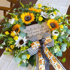 Spring Wreaths for Front Door 24 Inch Handmade Spring Summer Wreath with Artificial Sunflowers,Welcome Message Sign & Elegant Bow and White Yellow Daisy Wildflowers for Home,Porch&Gift Giving
