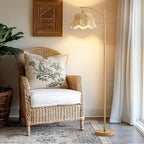 Oneach Boho Floor Lamp for Living Room, Farmhouse Standing Lamp with Foot Switch, Corner Reading Lamps for Bedroom with Hand-Woven Shade, Light Woodgrain Metal Base & Pole
