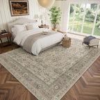 Washable 9x12 Area Rugs for Living Room, Boho Non-Slip Vintage Distress Lager Rugs for Bedroom Dining Room Nursery Office, 0.3" Neutral Oriental Throw Thin Carpet, Flaxen/Brown/Multi