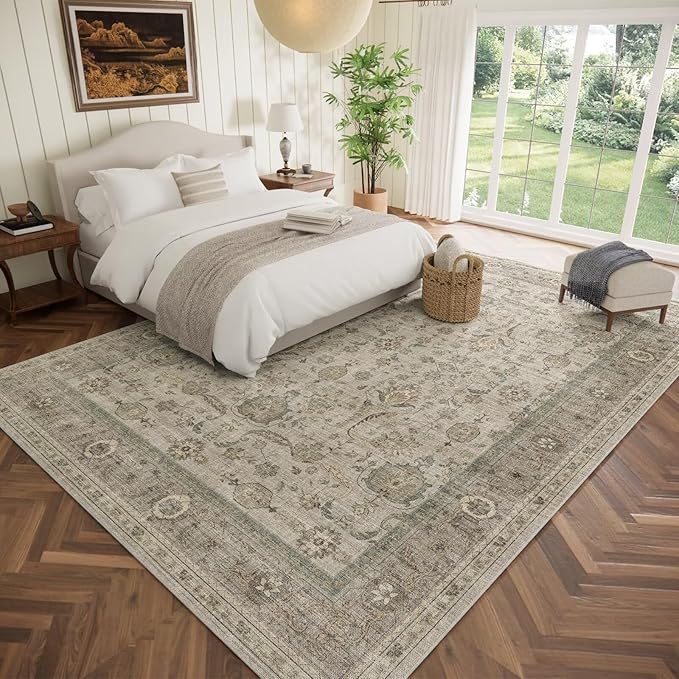Washable 9x12 Area Rugs for Living Room, Boho Non-Slip Vintage Distress Lager Rugs for Bedroom Dining Room Nursery Office, 0.3" Neutral Oriental Throw Thin Carpet, Flaxen/Brown/Multi