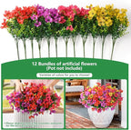 Homsunny Artificial Fake Flowers Plants for Outdoors - 12 Bundles Fake Plants Faux Silk Flowers Outside, UV Resistant for Planter Front, Porch, Garden, Patio, Spring Decor
