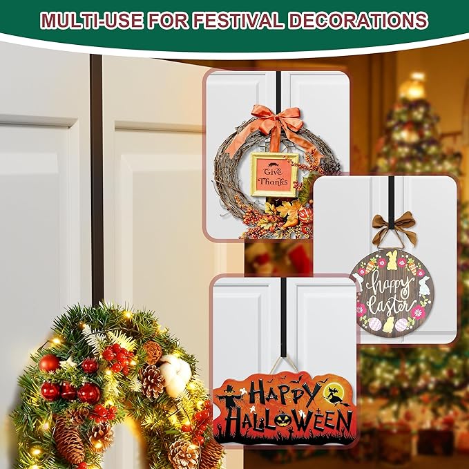 15" Reversible Wreath Hanger for Front Door, Fits Most Doors up to 1-3/4", Heavy Duty Steel Over The Door Hooks Hold up to 80 LBS for Spring & Easter Wreaths, Seasonal Door Decor (Black 1 Pack)