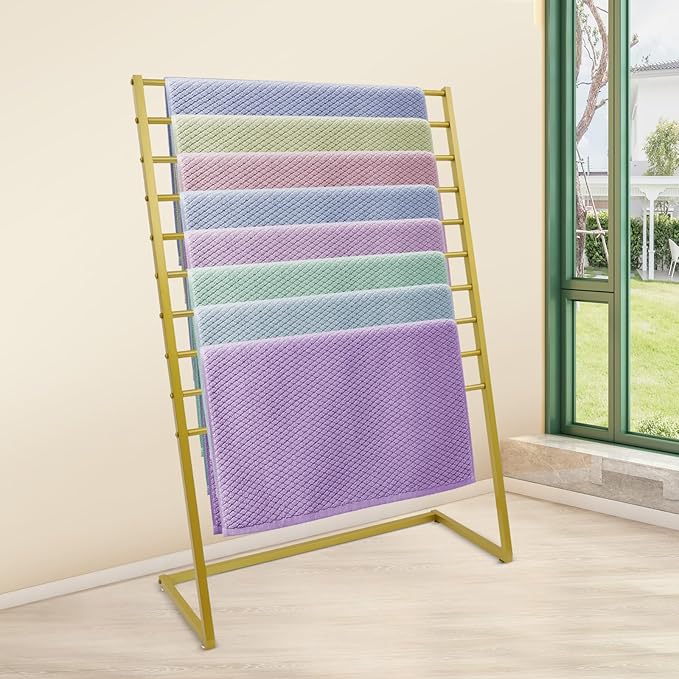 10 Tier Metal Scarf Organizer Holder, Freestanding Scarf Rack, Scarf Holder Organizer for Commercial Clothing Retail Store Towel Rack Ties Belt Pants Hanging (Gold, 39.37 * 15.75 * 57.09in)