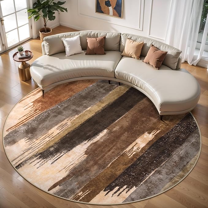 Ciicool 6ft Round Washable Rug, Modern Abstract Circle Rugs, Non-Slip Thin Lightweight Rug Brown Black Circular Print Distressed Carpet for Bedroom Living Room Under Dining Table Home Office Decor