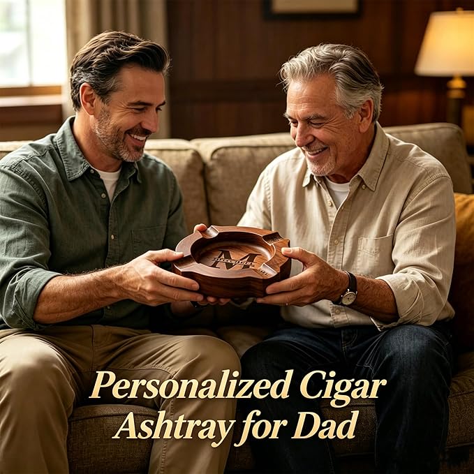 Cigar Ashtrays for Men Personalized Walnut Cigar Ash Tray for Outdooor Custom Name Wooden Ashtray Father's Day Christmas Engraved Monogramed Ashtray Gifts for Husband Dad Groomsmen Papa Grandpa