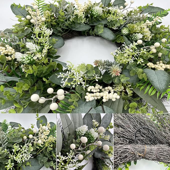 24 Inch Greenery Wreaths for Front Door – Artificial Eucalyptus Wreath with White Berries and Mixed Green Leaves, Year-Round Farmhouse Indoor Outdoor Door Wreath for Spring Summer Home Decor