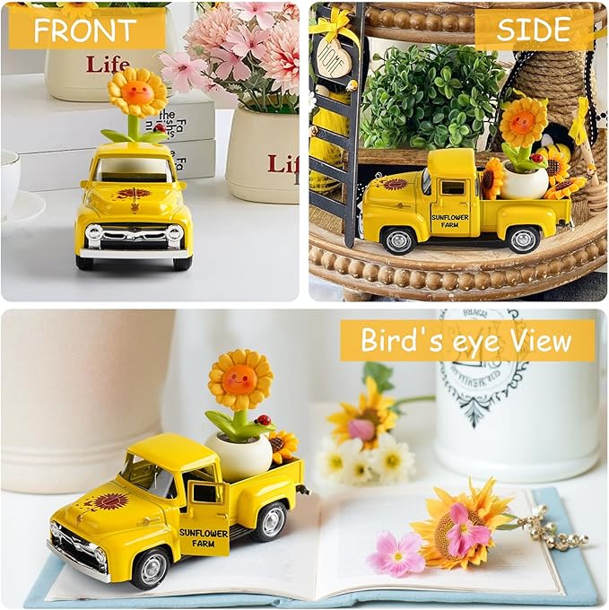 Sunflower Truck Decor, Yellow Vintage Pickup Truck with Sunflower Arrangement, Rustic Farmhouse Summer Tiered Tray Decor, Kitchen Table Centerpiece, Home Office Shelf Decorations