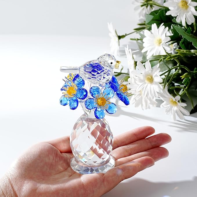 Crystal Bird & Forget-Me-Not Flower Figurine,3x4 inch Glass Flower Collectible Ornaments for Home Decor Table Centerpiece Glass Bouquet Flowers Keepsake Gifts for Women （Blue）