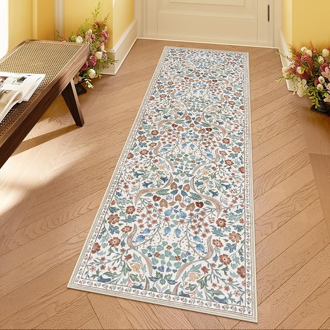 Moynesa Floral Hallway Runner Rug, 2x6 Kitchen Runner Non-Skid Washable, Boho Botanical Soft Ultra Thin Throw Mat for Bathroom Laundry Bedroom, Beige