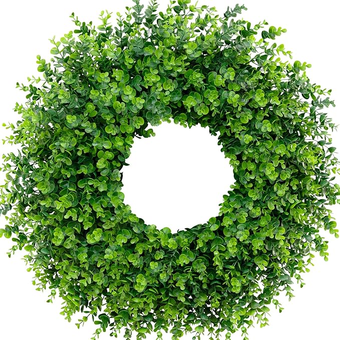 28'' Large Boxwood Wreaths Front Door Artificial Green Spring Wreath with Sash Wreaths for Front Door Farmhouse Greenery Year Round Outdoor Indoor for Summer Wreath St Patricks Day Decoration