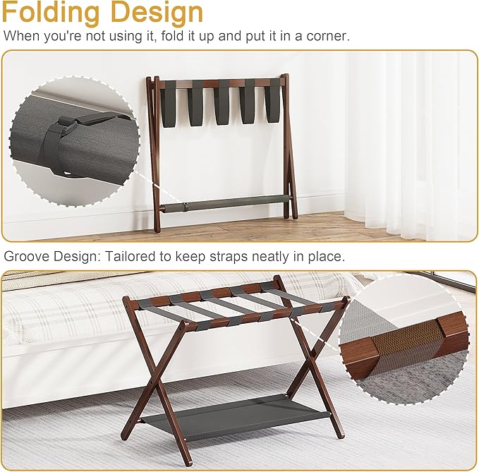 2 Pack Bamboo Luggage Rack for Guest Room, 26.77" Folding Wide Suitcase Stand with Fabric Storage Shelf, Thickened Luggage Stand Holder for Bedroom Hotel, Luggage Rack for Suitcases (2 Pack - Brown)