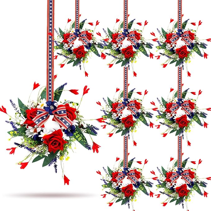 8 PCS Mini Patriotic American Cabinet Wreaths Small Red White and Blue Floral Wreath for Front Door with Ribbon Roses Daisy Forsythia July Independence Day Hanging Wreath for Porch Wall Window Decor