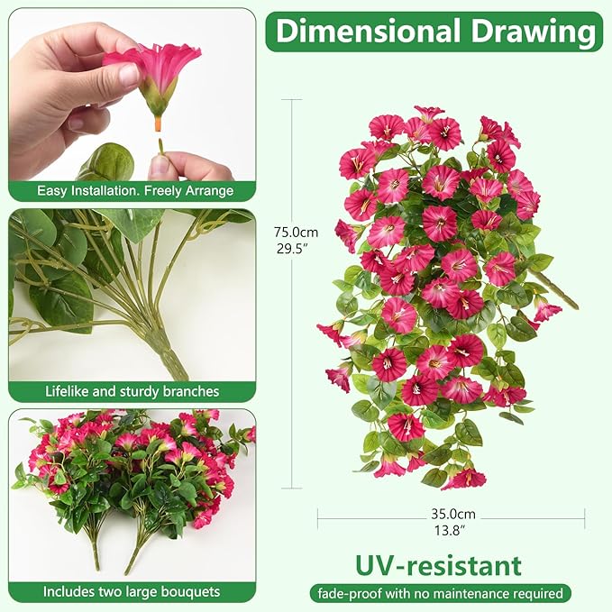 Homsunny Artificial Fake Flowers Plants for Outdoor Spring and Summer Decor, 2PCS Faux Petunias Silk Flower UV Resistant No Fade for Home Outside Garden Balcony Yard Porch and flowerpots, etc.（Red）