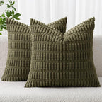 MIULEE Pack of 2 Spring Corduroy Decorative Throw Pillow Covers 16x16 Inch Soft Boho Striped Pillow Covers Modern Farmhouse Home Decor for Summer Sofa Living Room Couch Bed Olive Green