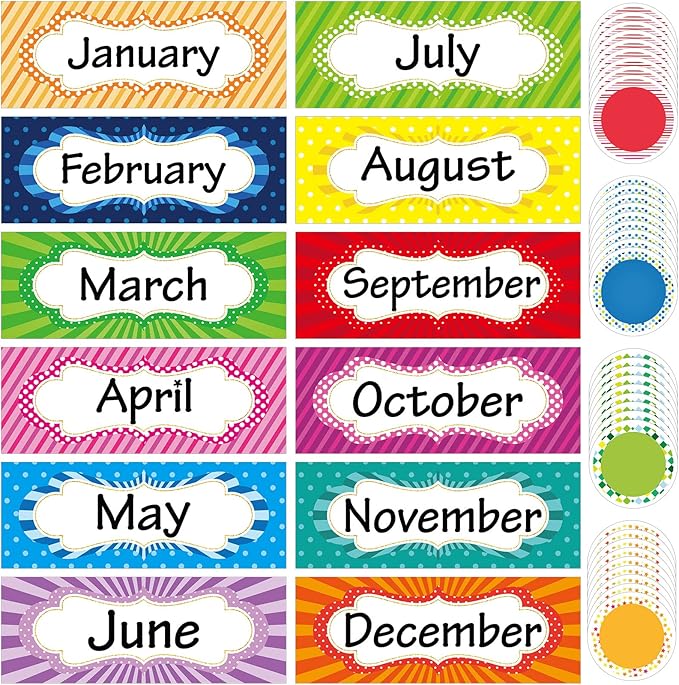 Zonon 48 Pieces Holiday Monthly Headliners Set 12 Months of The Year Headers Seasonal Monthly Bulletin Board Borders with 36 Round Blank Confetti Cutouts(Simple Style)