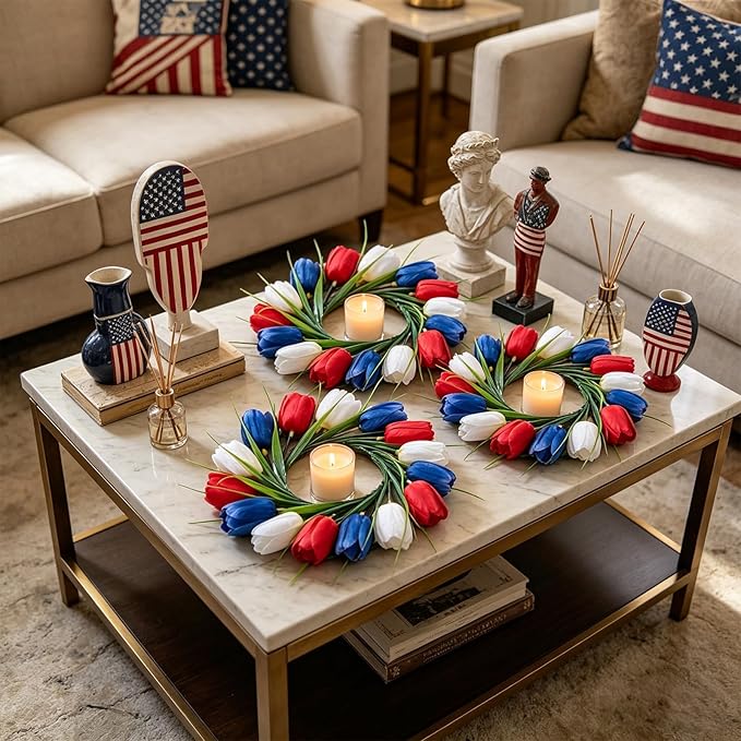 4 PCS 4th of July Hanging Wreaths for Cabinet Small Patriotic Tulip Silk Independence Day Wreaths for Front Door with Red White and Blue Flower Memorial Day Labor Day Candle Wreath for Home Wall Decor