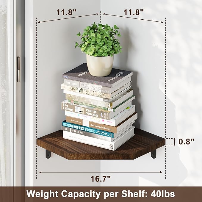 Alsonerbay Corner Shelf Wall Mount, Set of 2 Floating Corner Shelves with Cord Hole, Rustic Wood Shelves for TV, Speaker, Cable Box, Game Console for Bedroom Living Room Kitchen, Carbonized Black