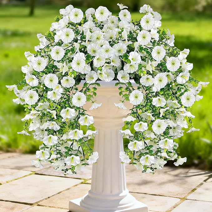 Artificial Hanging Flowers for Outdoors, 2 PCS UV Resistant Faux Silk 150 Morning Glory Each Trailing Vines, Fake Plants for Spring Outdoor Garden Planter Porch Patio Decoration, White