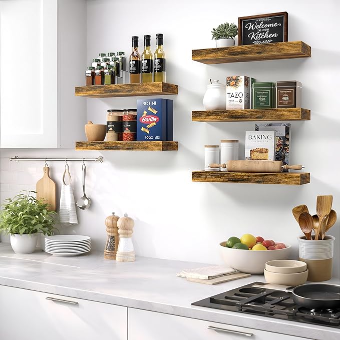 Sorbus Floating Shelves for Wall – 16 Inch Floating Shelf for Kitchen, Bedroom, Living Room, Bathroom, Home & Wall Decor - Mounted Bathroom Shelves with Invisible Brackets (Rustic Brown, 4 Pack)
