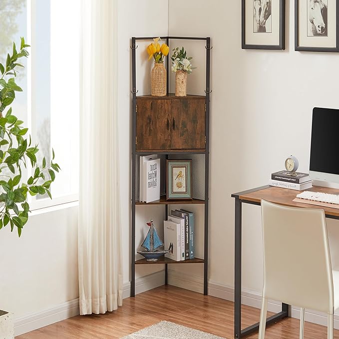 VECELO 4 Tier Corner Cabinet, 59" Tall Standing Organizer with 4 Dual-Hooks, Storage Rack, Narrow Bookshelf Display Shelves Rack for Wall Corner, Living Room, Kitchen, Bedroom, Office, Retro Brown