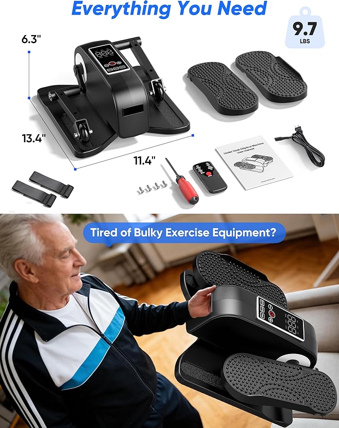 Under Desk Elliptical Machine, Electric Seated Leg Exerciser for Seniors, Adjustable Speed & Low-Impact Design, Quiet Portable Trainer with Remote Control for Home Office