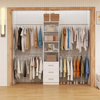 Closet System with Drawers, 5FT-9FT Custom Closet Organizer System 114.9" Walk in Wood Closet Storage System with 4 Expandable Hanging Rods Wall Mount White