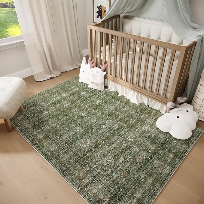 Washable 5x7 Area Rugs for Living Room, Boho Non-Slip Vintage Distress Rugs for Bedroom Dining Room Nursery Office, 0.3" Neutral Oriental Throw Thin Carpet with Cushioning Pad, Grass Green/Multi