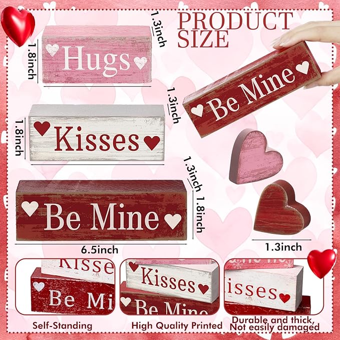 Moucuny 4 Pcs Valentine's Day Table Decorations Wooden Heart Valentine Tiered Tray Decor Valentine Day Centerpiece Rustic Decorative Heart Block Signs Gift Farmhouse Valentines Decor for Home Kitchen