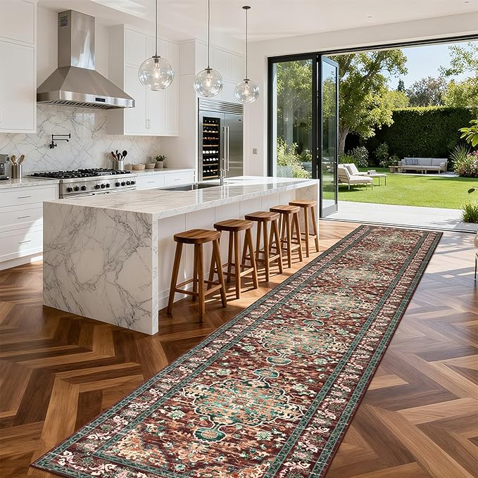 U'Artlines 3' x 18' Boho Hallway Runner Rug, Rust Non Slip Washable Vintage Farmhouse Accent Rug Carpet for Kitchen Entryway Laundry and Living Room (Rust＆Teal)