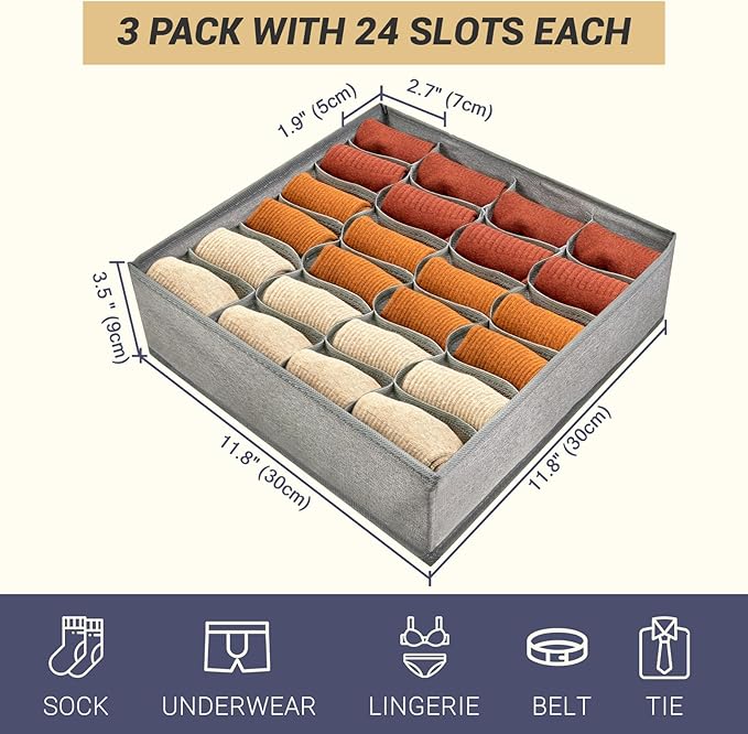 3 Pack 72-Cell Fabric Sock Organizer and Tie Organizer For Men - Fabric Foldable Drawer Divider for Socks, Underwear, Ties and Belts - Foldable, Multi-Cell Design, Space-Saving (Grey)