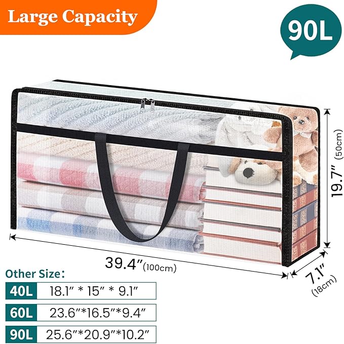 6 Pack Long Clear Storage Bags for Comforter, Clothes & Bedding, Plastic Blanket Storage with Zipper and Handle, Moving Bags, Closet Organizer and Under-Bed Storage (90L, 39.4"*7.1"*19.7")