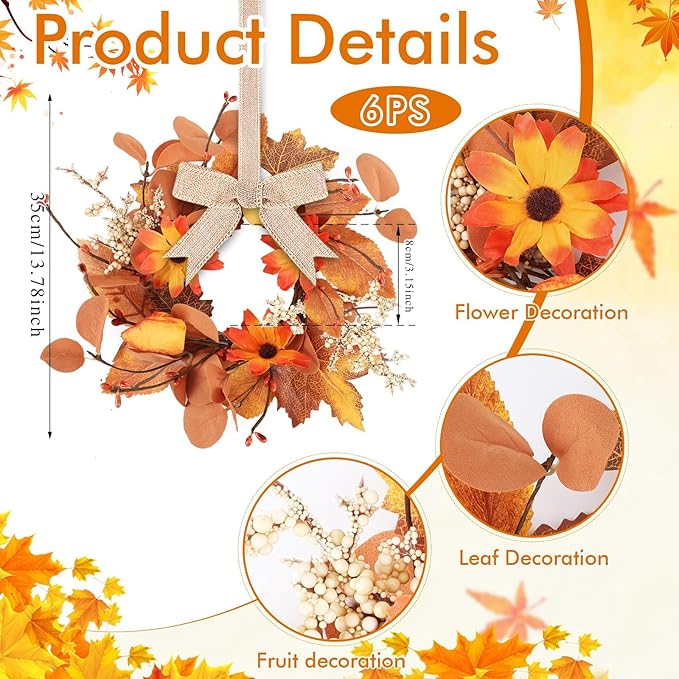 6 Pcs 3 Inch Fall Floral Wreaths Autumn Harvest Sunflowers Pumpkins Leaves Berries Hanging Candle Rings Wreath Mini Thanksgiving Table Centerpiece Wreath for Pillar Cabinets Farmhouse Decoration