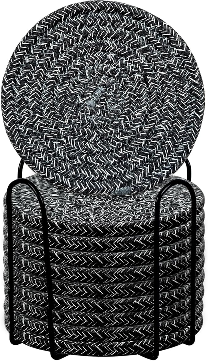ABenkle Drink Coasters with Holder Set of 10, Cotton Woven Absorbent Coasters for Drinks, Minimalist Home Decor Coaster Set for Wooden Tabletop Protection Table, 4.3 inches
