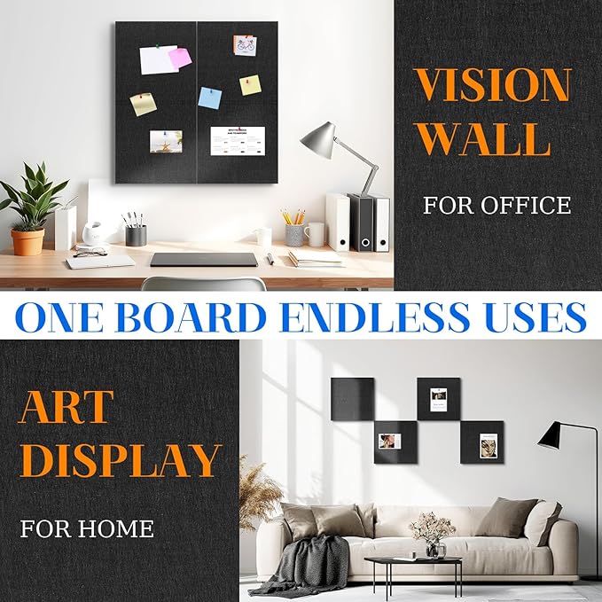 DOLLAR BOSS Felt Cork Board Tiles, 4 Packs 12" x 12" 1/2" Thick Cork Bulletin Board Self Adhesive Acoustic Panels Soundproof Corkboards for Walls with 40 Pushpins for Home Office Kitchen School, Black