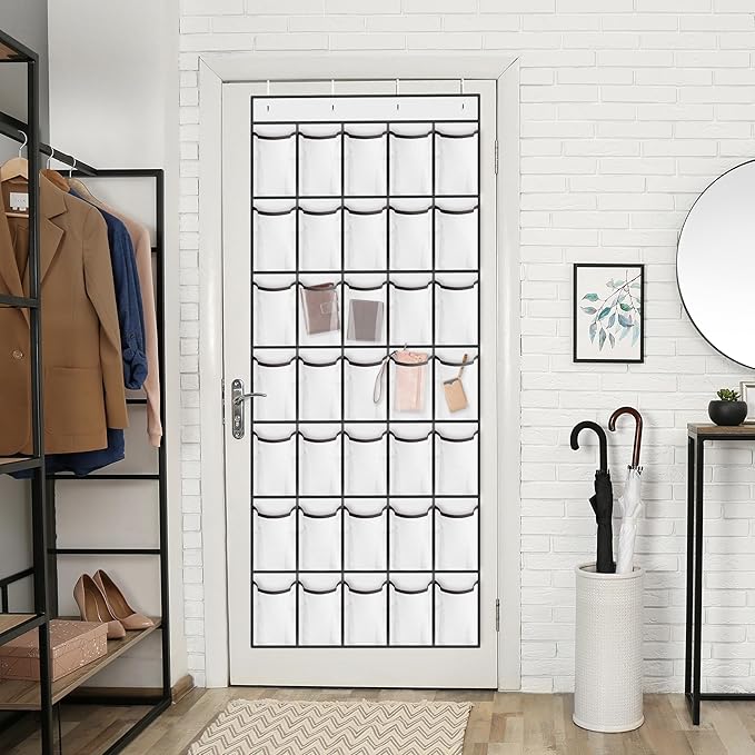 WVM Over the Door Shoe Organizer with 35 Breathable Mesh Pockets, Hanging Shoe Organizer for Door with 4 Metal Hooks, Large Capacity Closet Storage for Shoes, Accessories, White