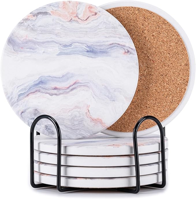 Hoewina 6Pcs Drink Coasters with Holder, Marble Style Ceramic Drink Coaster, Absorbent Coasters Set Suitable for Kinds of Cups, Modern Style Coasters for Coffee Table, 4 Inches（Cloud Style）
