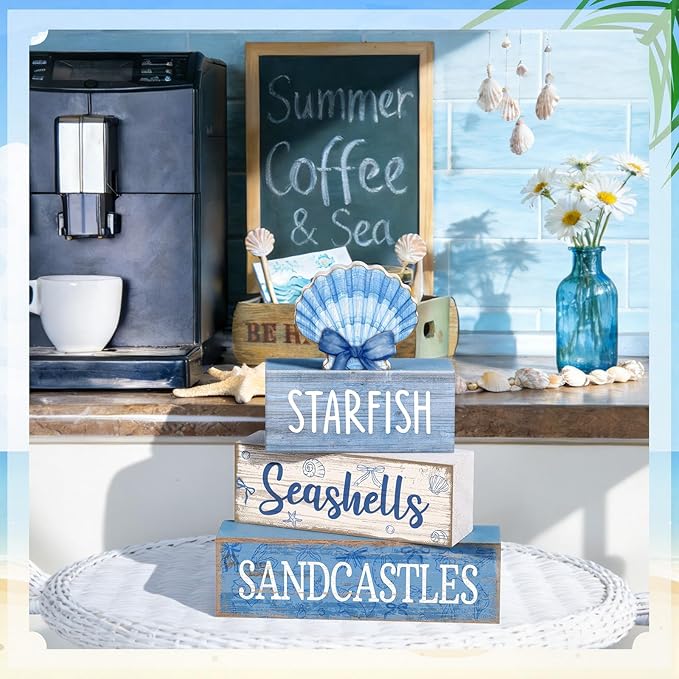 Moucuny 4 Pcs Nautical Beach Decor Shell Tiered Tray Decoration Blue Bow Table Centerpieces Summer Rustic Decorative Block Signs Gift Farmhouse Table Sign for Home Kitchen Shelf