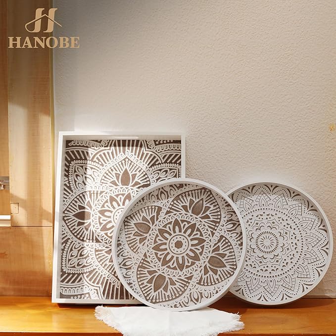 Hanobe Decorative Serving Tray Round: 2Pcs Farmhouse Coffee Table Decor with White Boho Bead Garland - Mandala Trays for Living Room Kitchen Display