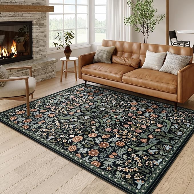 Moynesa Floral 5x7 Living Room Area Rug, Soft Washable Rugs for Bedroom, Non Slip Ultra Thin Boho Rug Botanical Stain Resistant Floor Carpet for Dining Room Home Office, Black