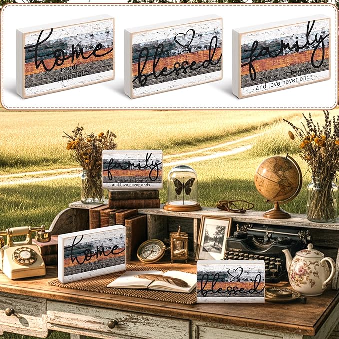 Jetec 3 Pcs Family Home Blessed Rustic Wood Sign Mini Heart Wood Decorative Sign Farmhouse Wood Decor Table Decorations Sign for Bedroom Kitchen Living Room Table Decor
