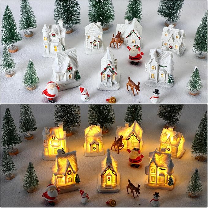 Poen LED Christmas Village Sets Lighted Resin Miniature Christmas Houses Town Figurine Display Tiny Mini Tree Winter Village Ornament Kit for Xmas Town Scene Desktop Ornament Table Decoration