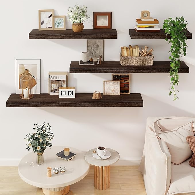 Solid Wood Floating Shelves for Wall 48"W x 8"D x 1.56"H Set of 2, Deep Wall Shelves for Living Room Bedroom Bathroom Kitchen Decor Storage with Invisible Heavy-Duty Metal Bracket, Rustic Brown