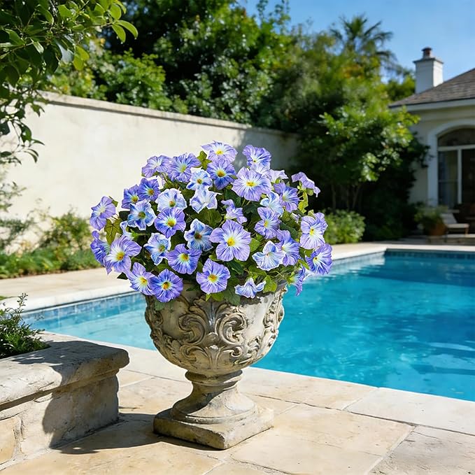 6 Pcs Artificial Petunia Flowers for Outdoor, Fake Spring Petunias Faux Silk Flowers for Outdoors UV Resistant Plants for Planters Garden Porch Patio Window Box Indoor Table Decor(White Blue)