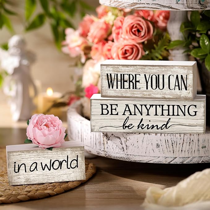 Yuntau 4 Pcs Farmhouse Flower Wooden Table Decor Farmhouse Tiered Tray Decor Rustic Faux Decorative in a World Where You Can Be Anything Be Kind Block Sign Inspired Centerpiece for Home Shelf