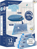 12 Pack Vacuum Storage Bags with Electric Pump – 3 Jumbo, 3 Large, 3 Medium, 3 Small Space Saver Bags for Clothes, Blankets, Bedding, Travel, Moving & Home Organization