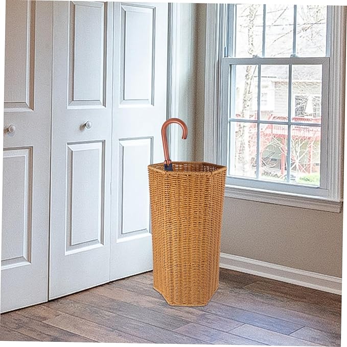 IMIKEYA Woven Umbrella Stand for Entryway Rattan Umbrella Stand Holder Umbrella Wood Base Basket With Dip Tray Canes Walking Sticks Holder Trash Can for Home Office Round